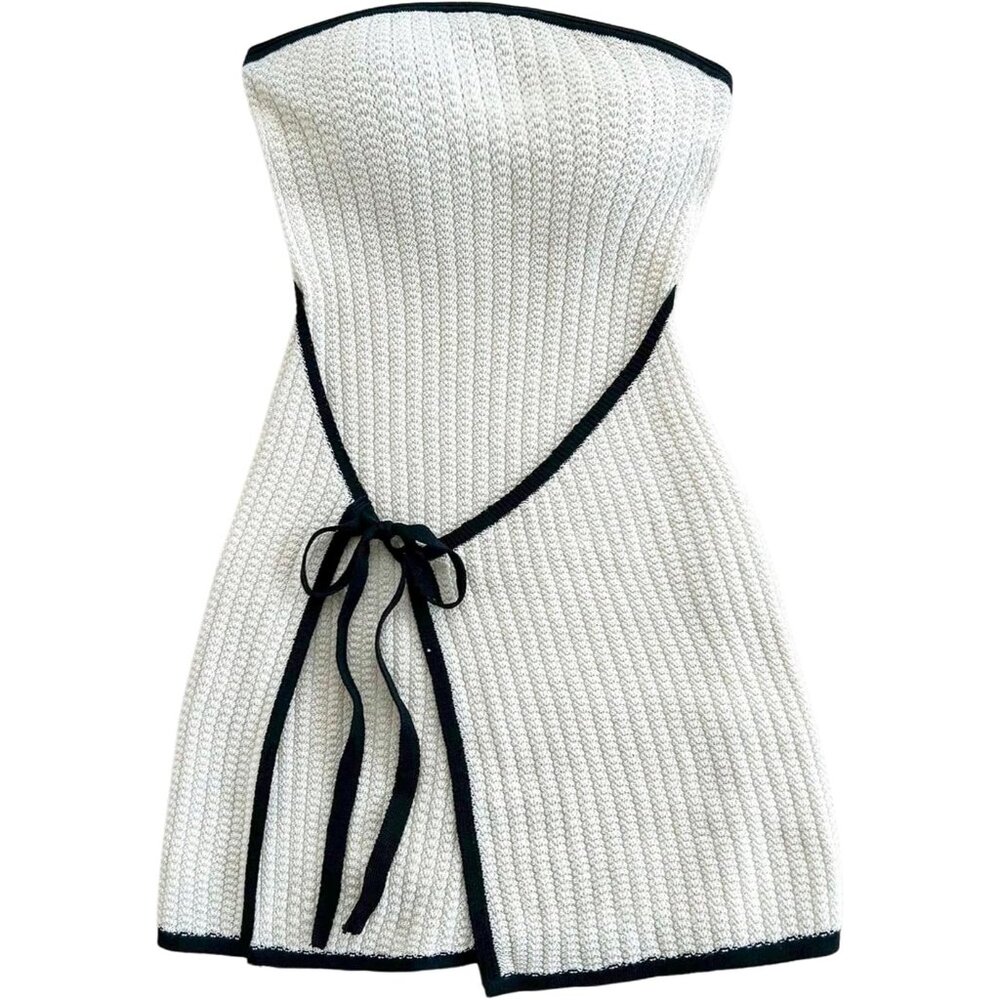 Women's Knitted Strapless Bodycon Dress Mini Sleeveless Wrap Tie Front